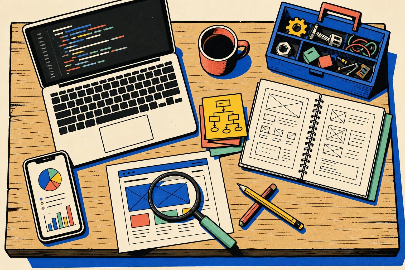 Top-down illustration of a structured workspace: laptop with code, blue toolbox, open notebook with wireframes, coffee mug, magnifying glass over paper.