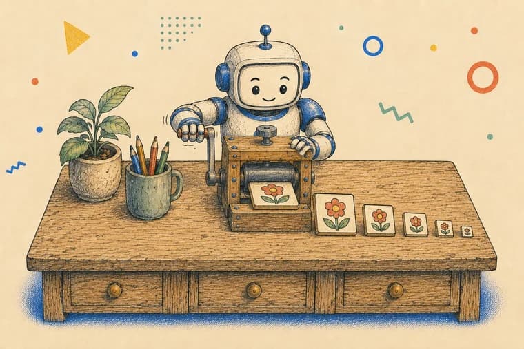 A small robot at a wooden desk turning a hand press that stamps one picture into a descending row of ever-smaller icon tiles.