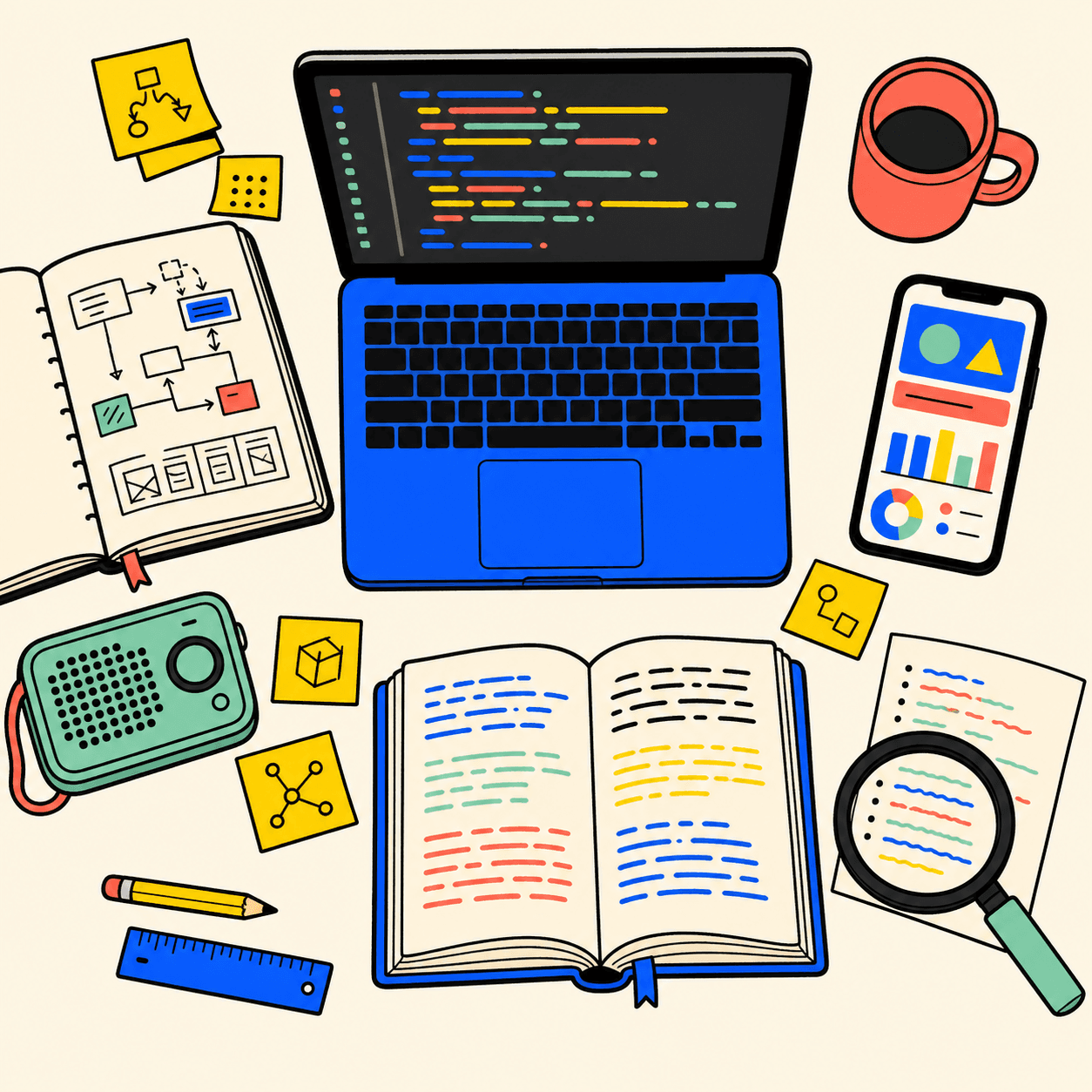 Top-down illustration of a tinkerer’s workbench: laptop with code, open notebook with flowcharts, smartphone with charts, magnifying glass over a book, scattered tools.