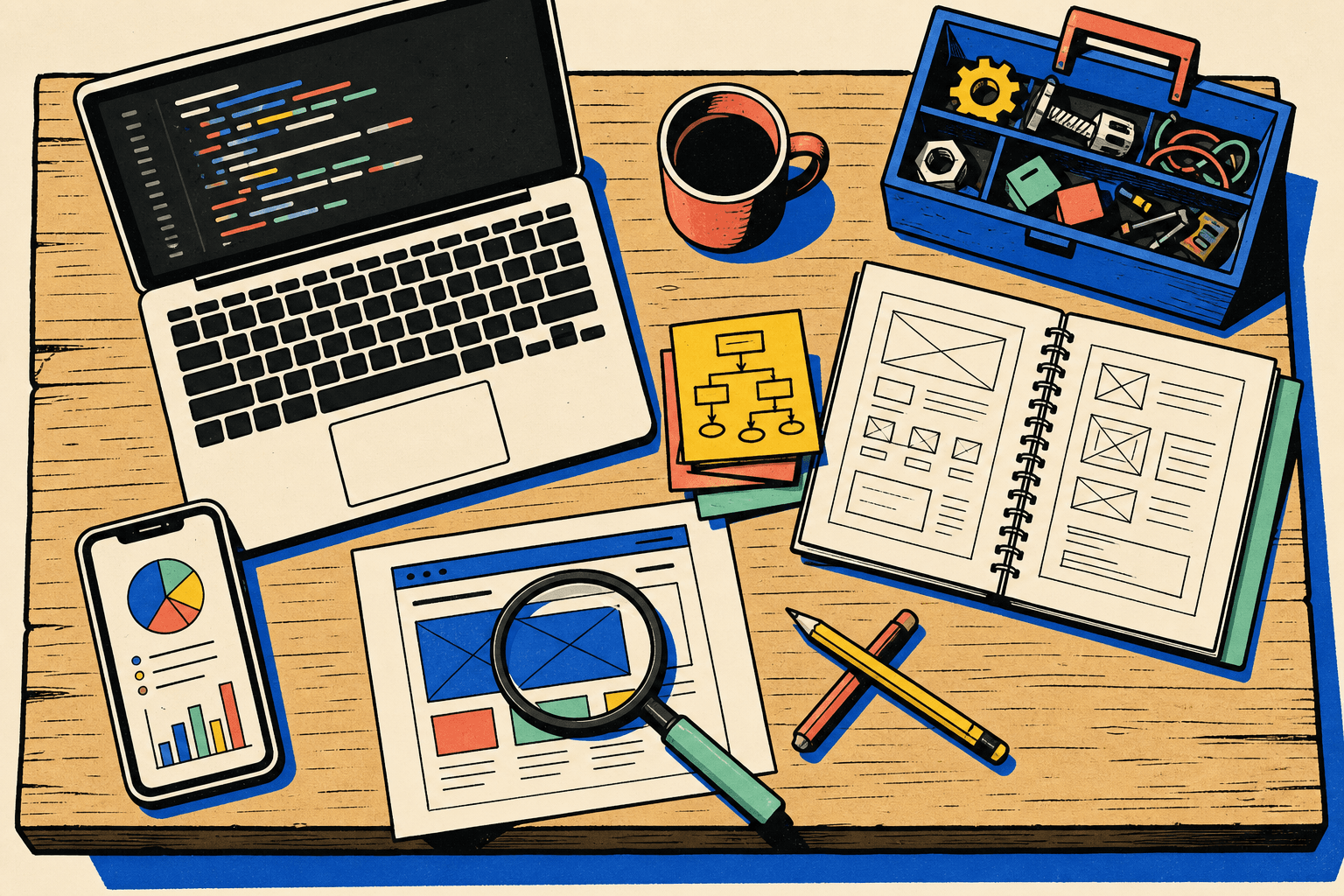 Top-down illustration of a structured workspace: laptop with code, blue toolbox, open notebook with wireframes, coffee mug, magnifying glass over paper.