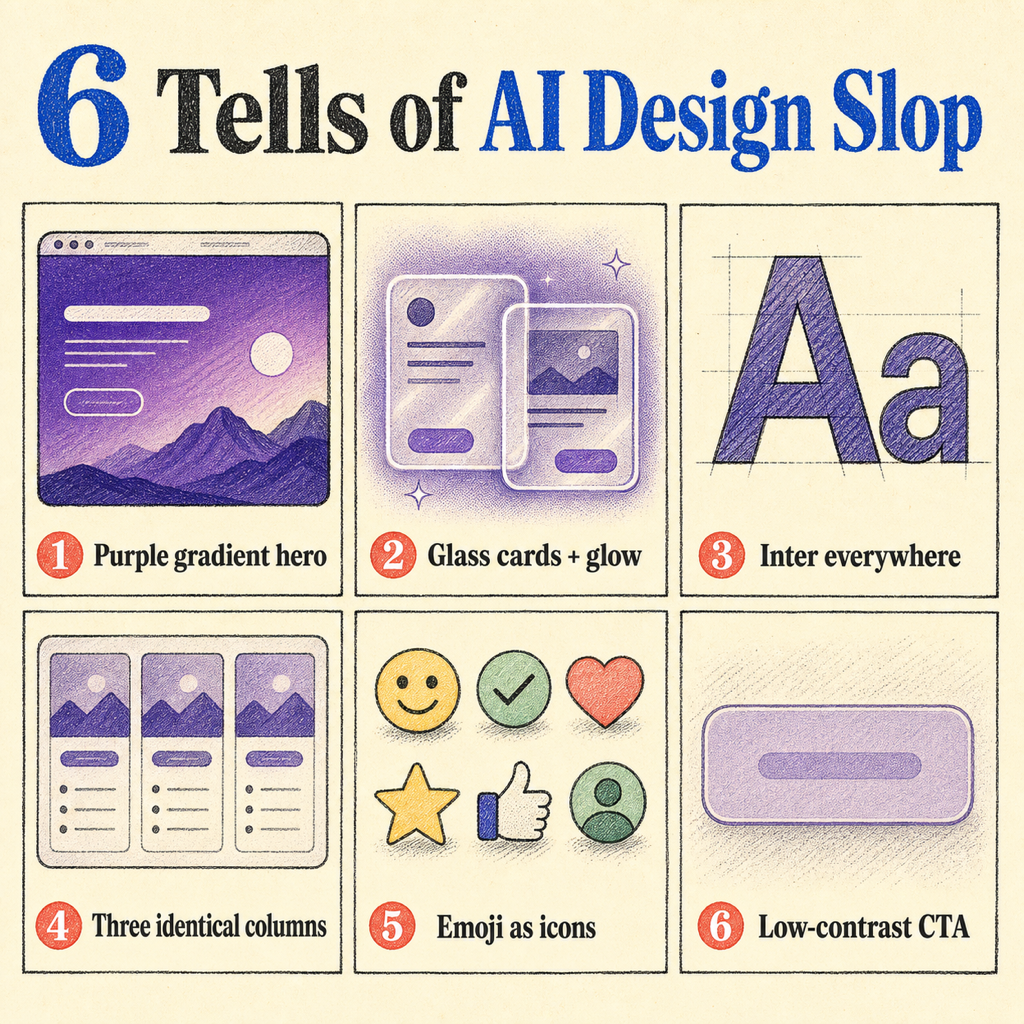 The six visual tells of AI design slop: purple gradient hero, glass cards with glow, Inter everywhere, three identical columns, emoji as icons, and a low-contrast CTA