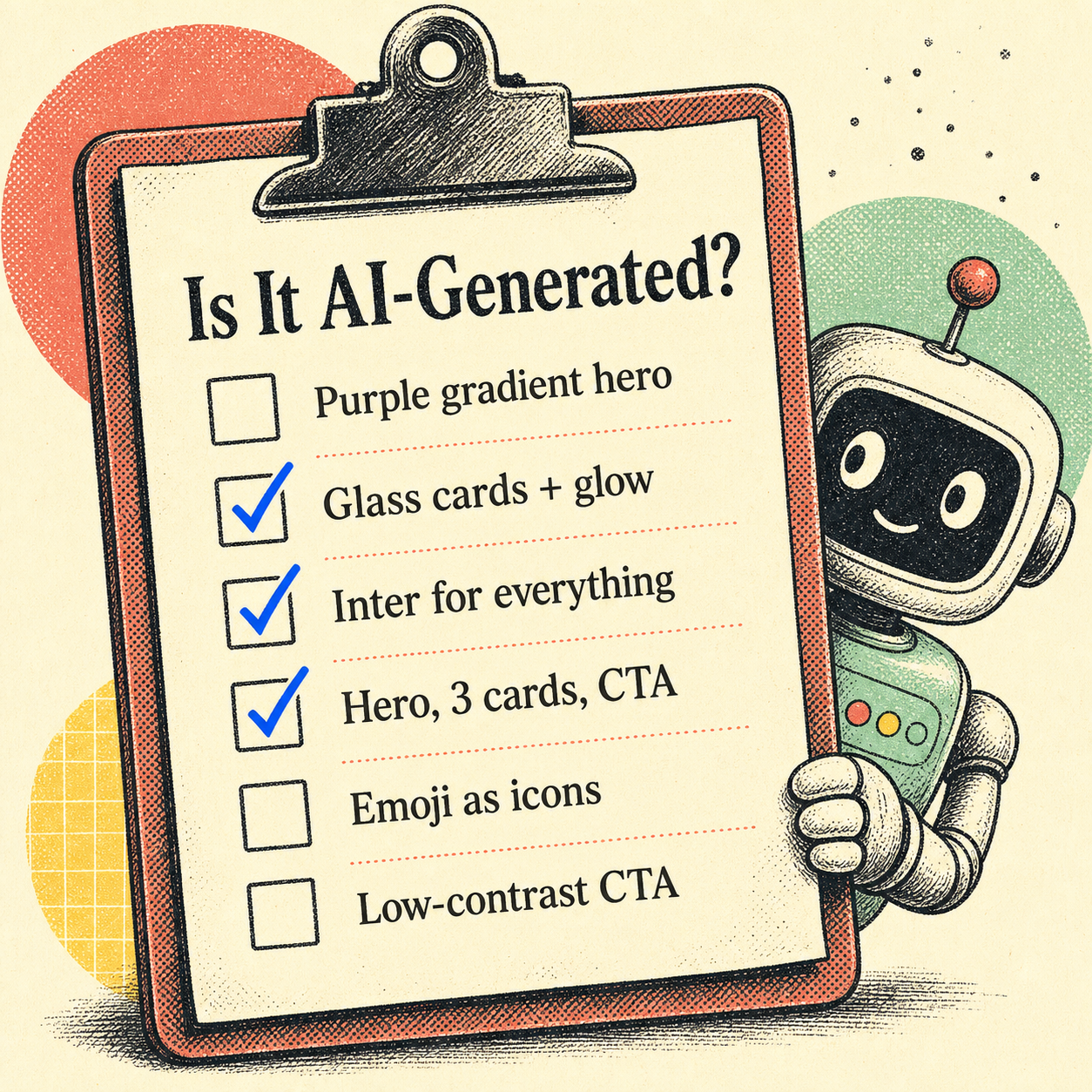 Checklist titled "Is It AI-Generated?" with six tells to look for: purple gradient hero, glass cards with glow, Inter for everything, hero with three cards and a CTA, emoji as icons, and a low-contrast CTA