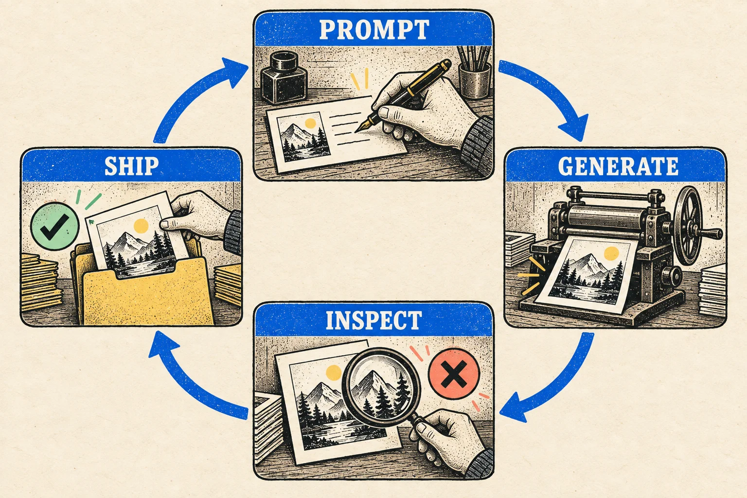 Hand-drawn woodcut diagram of the pixeltamer loop: PROMPT, GENERATE, INSPECT, SHIP, with a rejected draft marked X and an approved print checked